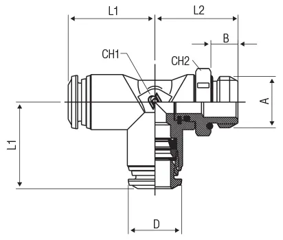40226V · Racor a T orientable macho lateral cilíndrico con tórica, dibujo acotado del catálogo de Aignep