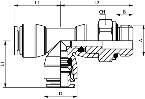 53227X · Racor a T orientable macho lateral cilíndrico con tórica, dibujo acotado del catálogo de Aignep
