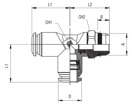 89223 · Racor a T orientable macho lateral short, dibujo acotado del catálogo de Aignep