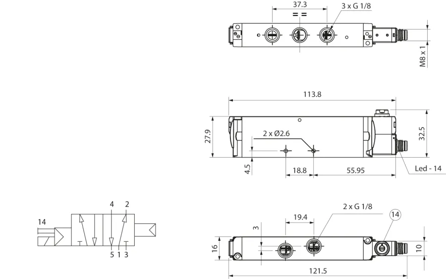 14V · Electroválvulas - G1/8, dibujo acotado del catálogo de Aignep