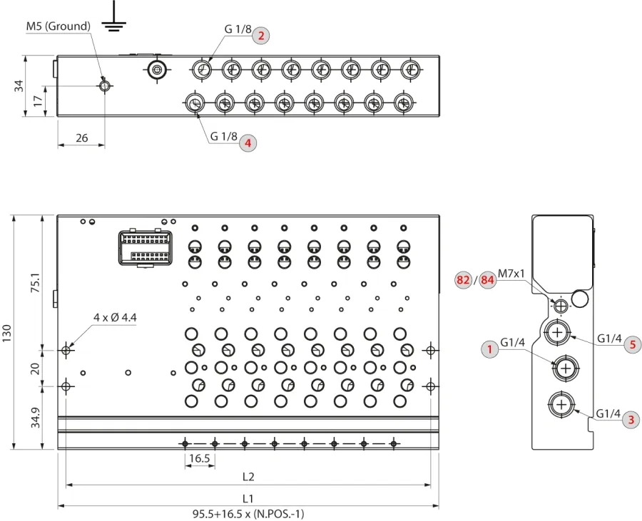 16VB0 · Base neumática con pilotaje interno, dibujo acotado del catálogo de Aignep