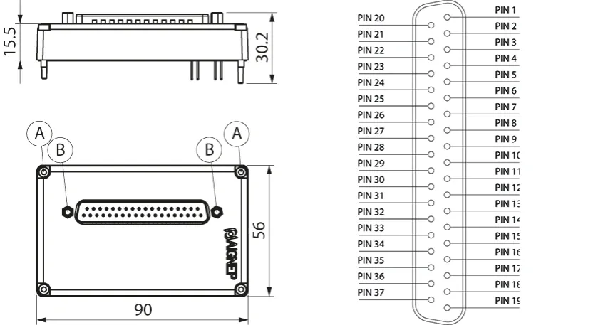 16V · Unidad de alimentación - d-sub 37 poli (conector macho D-SUB 37 Pins), dibujo acotado del catálogo de Aignep