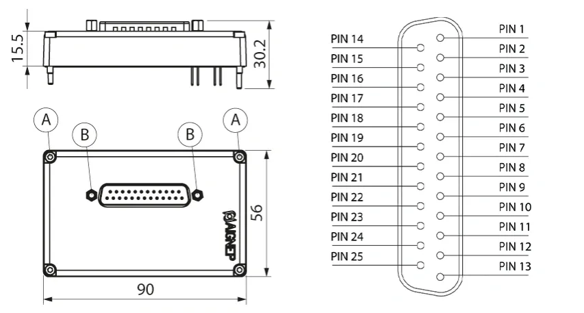 16V · Unidad de alimentación - d-sub 25 poli (conector macho D-SUB 25 Pins), dibujo acotado del catálogo de Aignep