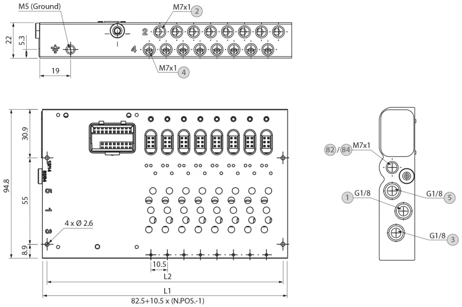 17VB0 · Base neumática con pilotaje interno, dibujo acotado del catálogo de Aignep