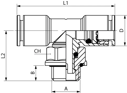 54216 · Racor a T orientable macho central cilíndrico con tórica, dibujo acotado del catálogo de Aignep