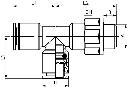 54227 · Racor a T orientable macho lateral cilíndrico con tórica, dibujo acotado del catálogo de Aignep