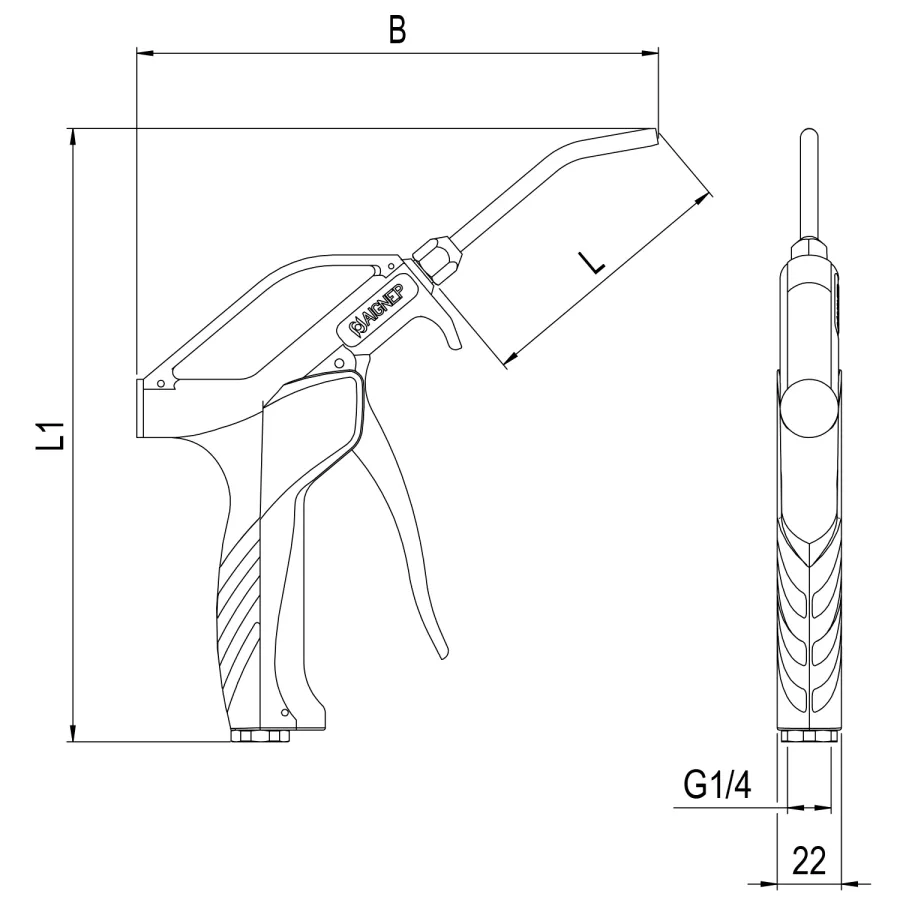361 · Pistola de soplado con tubo de acero inoxidable, dibujo acotado del catálogo de Aignep
