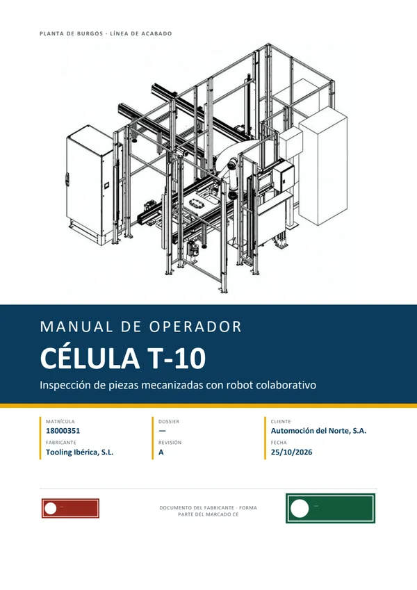 Portada del manual de operador de la célula T-10, una célula de inspección de piezas mecanizadas con robot colaborativo