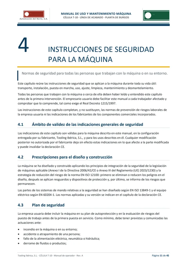 Página del capítulo 4, «Instrucciones de seguridad para la máquina», con su ámbito de validez y las normas aplicadas