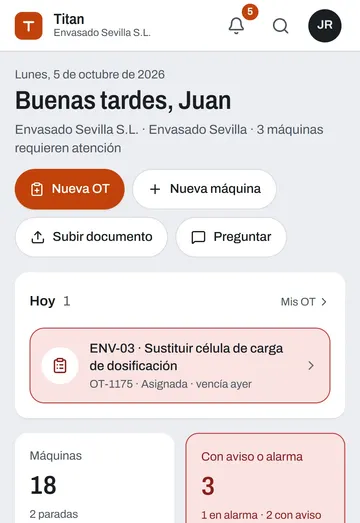 Titan en el móvil: la pantalla de inicio con la orden de trabajo del día y las máquinas con aviso