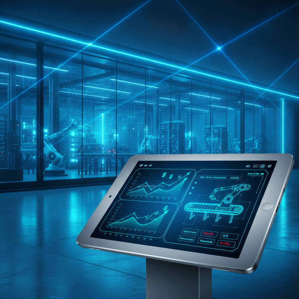 A sleek digital tablet displaying financial growth charts and machine health analytics in front of an industrial facility, modern high-tech atmosphere, blue lighting