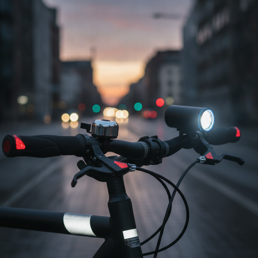 Close-up of a modern urban bicycle handlebar equipped with a metallic bell, a mounted LED front light, and visible reflective elements during dusk in a city setting