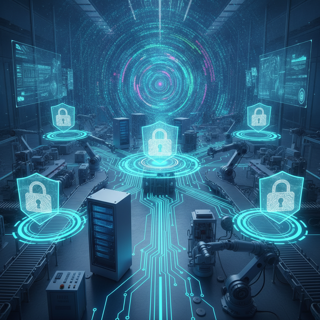 Conceptual representation of IT/OT network convergence and industrial cybersecurity in a smart factory, featuring glowing cyan data shields, interconnected circuit lines, and digital security locks overlaid on industrial machinery.
