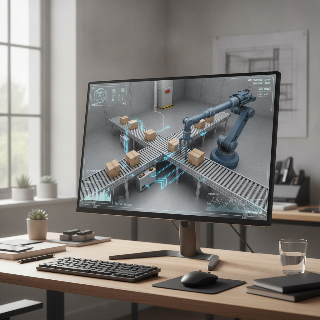 3D digital twin rendering of an automated conveyor belt and robotic arm displayed on a modern computer monitor, showing real-time industrial PLC simulation, clean engineering desk setup, professional daylighting