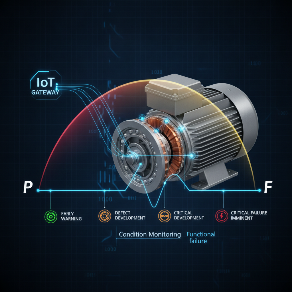 3D technical graphic visualization showing the P-F failure curve interval overlaying an industrial electric motor, with glowing digital IoT sensor data points indicating condition monitoring stages