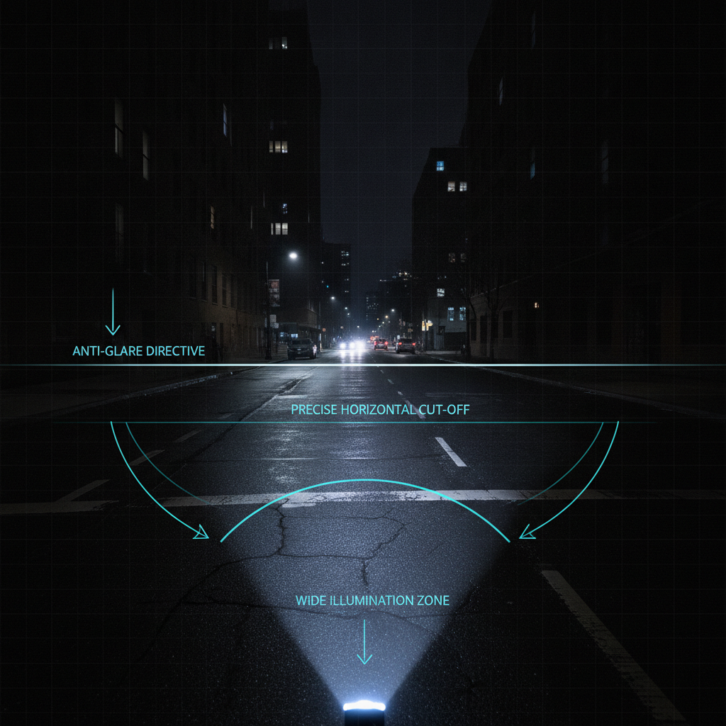 Technical visualization of a bicycle LED headlight beam pattern projected onto a dark urban road, showing a precise horizontal cut-off line directing light downward to prevent glare